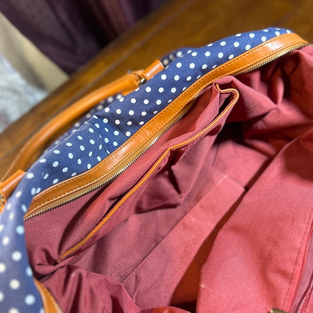 Stylish Navy Polka Dot Travel Bag with Tan Details​ - Picture 10 of 12